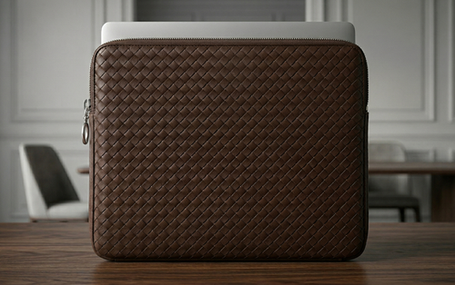DARTINE chocolate brown woven vegan leather laptop folio 14 inch with laptop inside front view