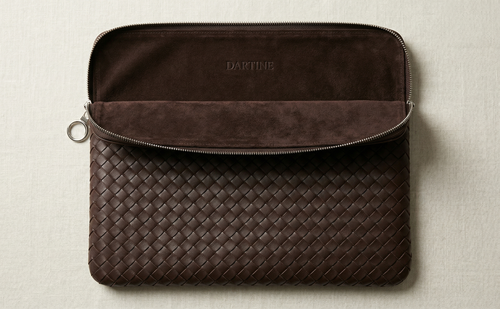 DARTINE chocolate brown laptop folio open showing soft suede interior lining